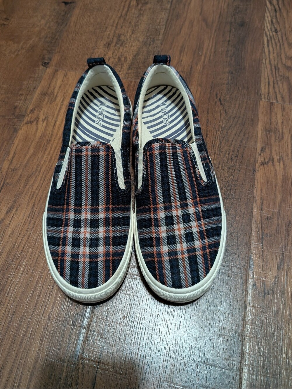 Taos Women's Rubber Soul Canvas Slip Ons- Blue Plaid Size 8.5